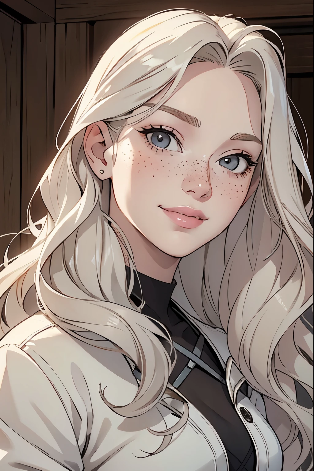 Face of a woman, americana, age 25, pale skin and freckles, grey-eyed, delicate nose, soft and delicate lips, Long Wavy Gray Blonde Hair, Sweet smile, cabelo solto e cheio, jaqueta de couro rosa, saia branca plissada, pensativa