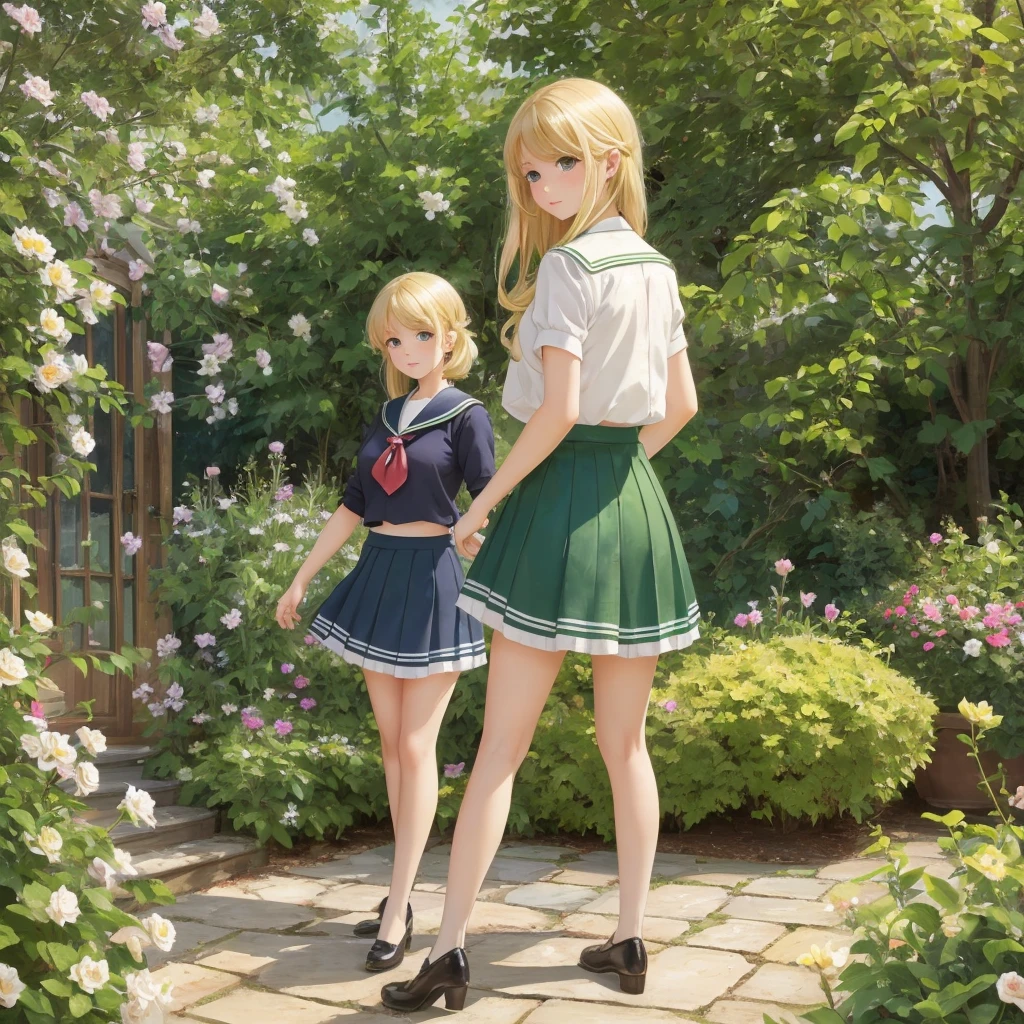 3 girls, long hair, Big , Blushing, blond, Green-eyed sailor suit short skirt 1933 style cute and beautiful girl 18 years old in the garden beautiful long legs high resolution, best quality, masterpiece, Lift skirt mini skirt take off clothes