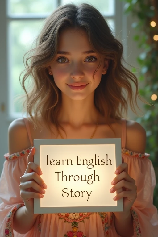 Beautiful girl with heart-warming smile and wavy long hair, bohemian dress, holding a white board with text "learn English Through Story" and showing it to the viewer, the board is glowing with a the text.