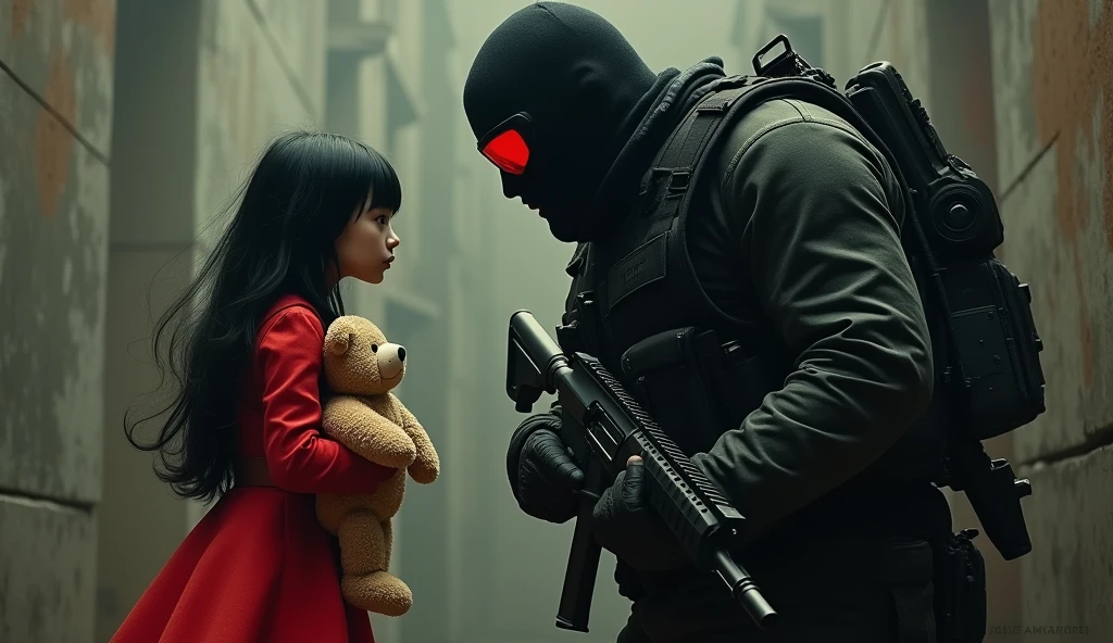 short in red dress with tall black hair holding plushie bear telling F.E.A.R operative that he is her son. He is wearing black tactical balaclava and red glasses and holds assault rifle. His height is way taller than her. Make it in creepy style.