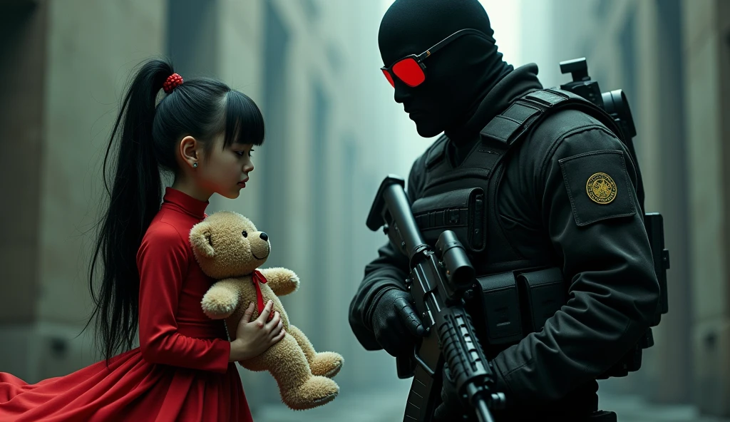 short in red dress with tall black hair holding plushie bear telling F.E.A.R operative that he is her son. He is wearing black tactical balaclava and red glasses and holds assault rifle. His height is way taller than her. Make it in creepy style.