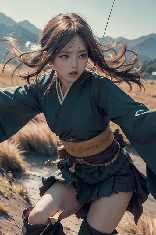 (Positive Focus)、(in the darkness nigth:1)、(beste-Qualit)、(Realisticity:1)、realistic skin textures、Extremely detailled、32k wall paper、volume illumination、Dynamic lighting、hand guard、veils、Ancient Japanese Wind、Escape Action、run、scape、Chased、 Waist dagger、Semi-crouched attack stance、Clothes torn、ancient Japanese battlefield、Group of ancient soldiers chasing and killing、Flying arrows、bio、nights、dramatic compositions、sayaairie、((Flat Chest)),((A beautiful girl)),(Are thin),(professional lighting),(No underwear),((Beautiful Eyes)),(A plain ancient Japanese kimono in navy blue),(The beautiful balance of the left and right pupils),The Mountains and Fields of the Battlefield,A Beautiful Warrior Skilled with the Sword,