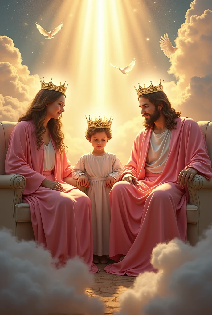 (photorealism:1.2), beautiful virgin Mary, handsome Jesus Christ and handsome 7 years old teen Jesus, sitting in the throne each of them in the kingdom of god that full of clouds, the light of their crowns and hearts spreading all over, wearing the pink color of a king, queen and prince, the crown of lights, real beautiful faces, real nice hair, real face, real image, heaven outdoors that full of clouds, brighter lighting, five fingers, clouds and many doves in the background, elegant clothes, stars and sunlight, beautiful heaven of paradise, relaxed pose, realistic, intricate details, bright and warm colors,