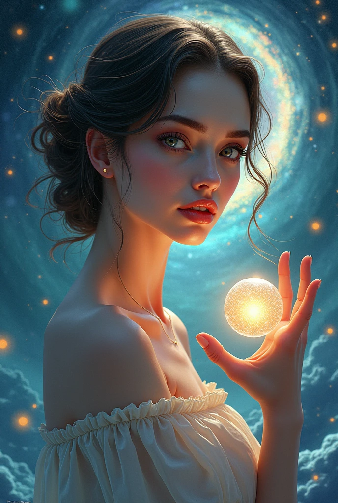 a detailed illustration of a woman in an infinite landscape, beautiful detailed eyes, beautiful detailed lips, extremely detailed eyes and face, long eyelashes, elegant pose, flowing dress, glowing orb floating above her hand, swirling cosmic energy, vibrant colors, cinematic lighting, photorealistic, 8k, best quality, masterpiece