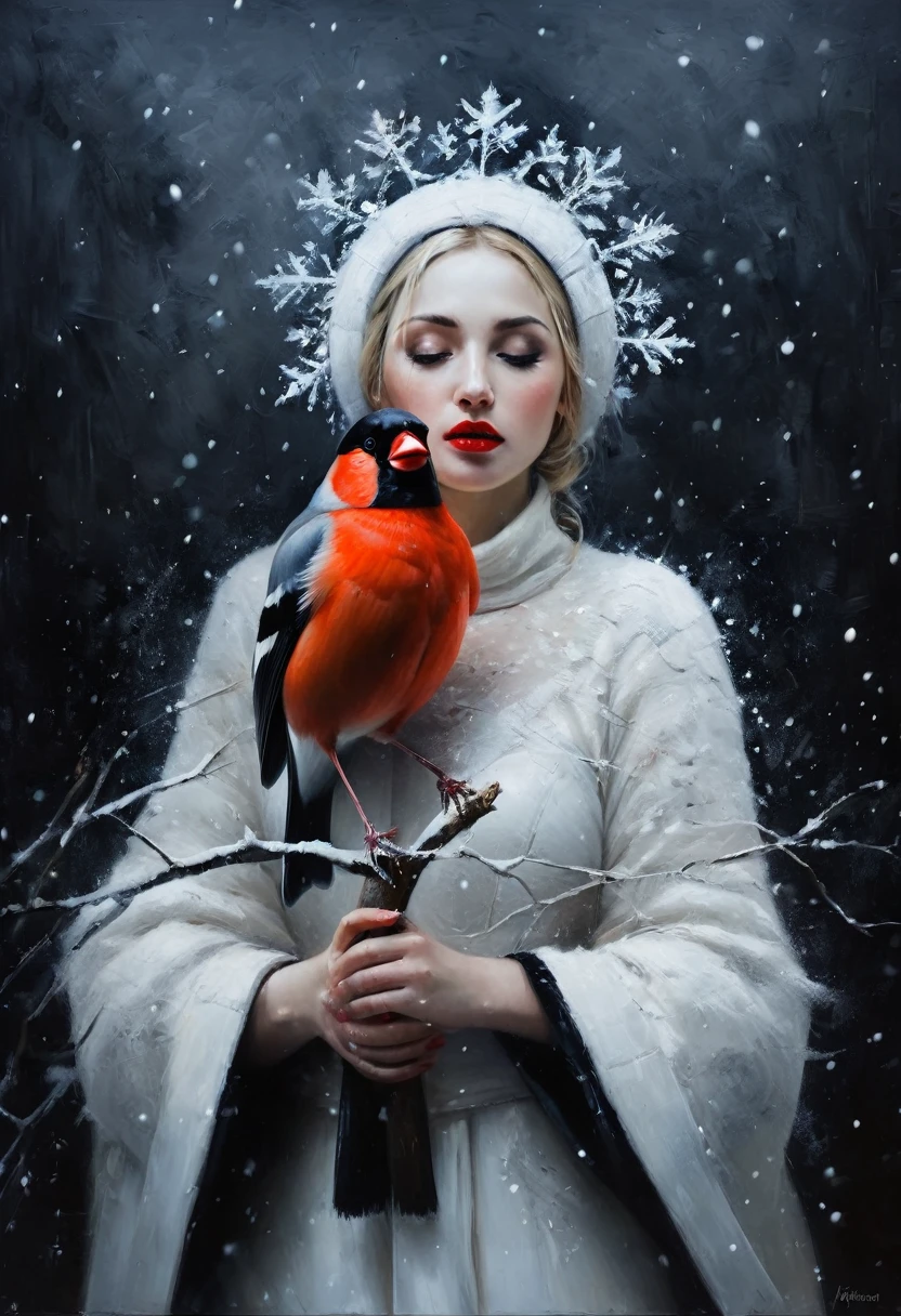 painting of a bullfinch sits on a branch, winter, snowfall, a woman with white skin and red lips in a Slavic white costume and kokoshnik leaned over him, dark atmosphere, cinematic scene, volumetric lights, ultra realistic, in the style of nicola samori