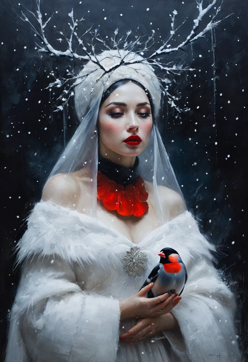 painting of a bullfinch sits on a branch, winter, snowfall, a woman with white skin and red lips in a Slavic white costume and kokoshnik leaned over him, dark atmosphere, cinematic scene, volumetric lights, ultra realistic, in the style of nicola samori