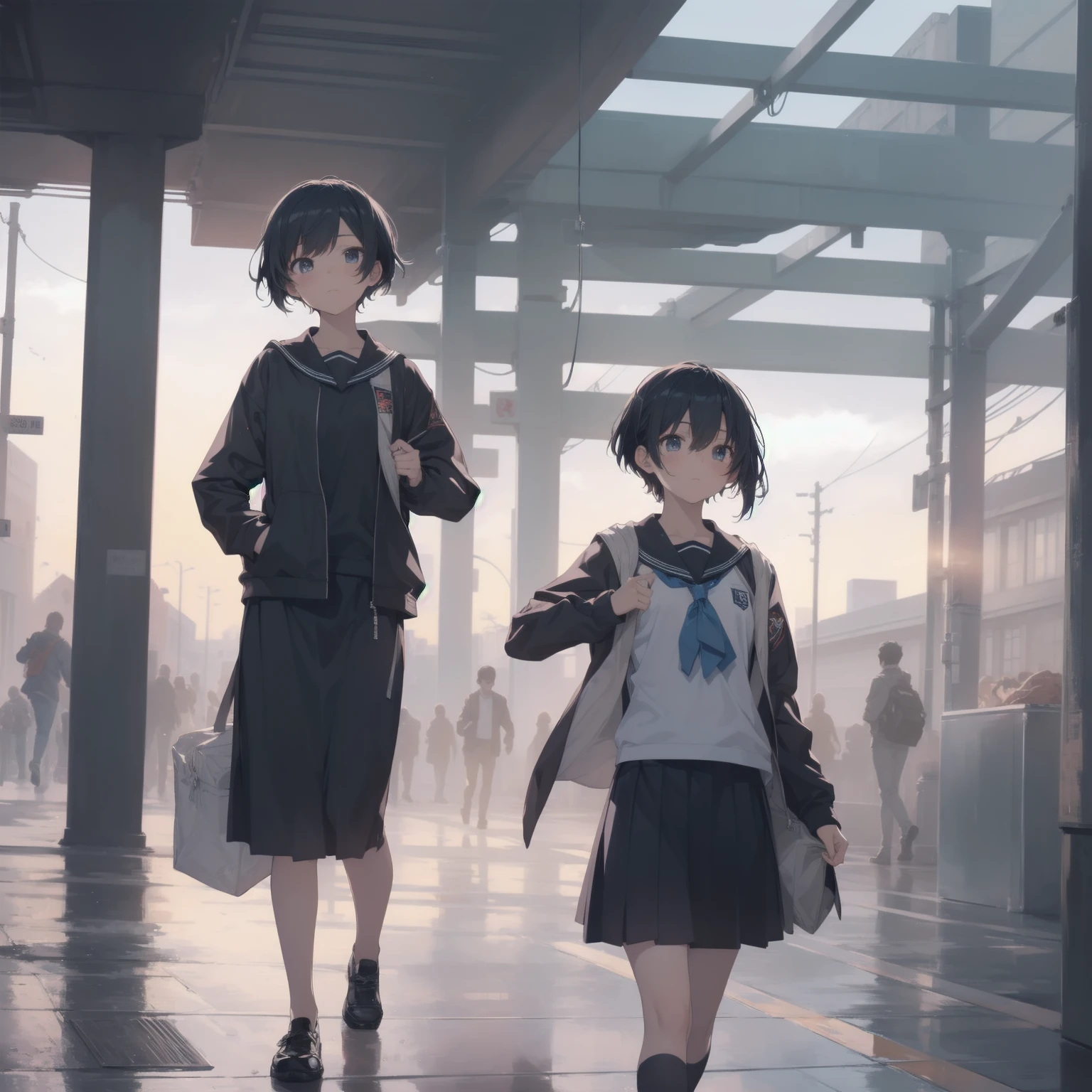 ultra-absurdres-Top quality by artist God, ultra-detailed, high resolution, anime moe artstyle, best anime 8k konachan wallpaper, pixiv contest winner, pool:2810, perfect anatomy,break, 1girl, (Please draw a girl walking sleepily to school alone. )break,(Solo,little female, 13-year-old:1.3),Full limbs, complete fingers,a junior high school student, (very short hair), short cut, flat chest, , small butt, small black eyes, beautiful detailed eyes, well-proportioned iris and pupils, expressive eyes, highres detailed hair, soft expression, salor school_uniform, sailor collar, serahuku, bow, pleated skirt,(Detailed Lighting), (Detailed background), in the School commute route. break,super detailed skin, Best cinematic lighting powered by famous artist, 8k,beauty illustration,photoshop_(medium),very aesthetic,break,((artist:izumi_tsubasu )), artist:clamp ,artist:carnelian ,artist:kantoku ,