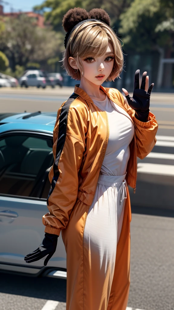 miya_1,orange jacket,chibi,short hair,headgear,standing,waving,outdoors,black jumpsuit,black gloves,two tone gloves,white glove,facing audience,looking at viewer,white_shirt
