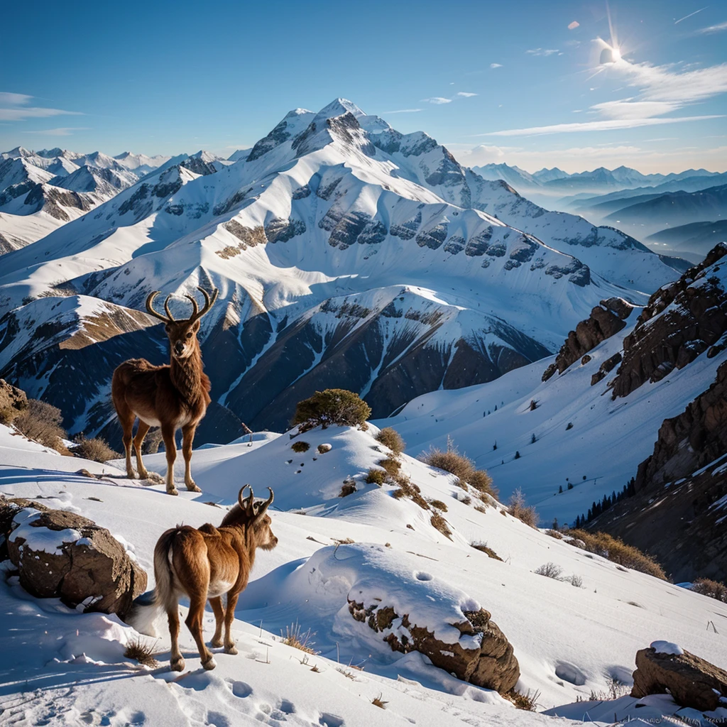 Generate the high quality illustrative image of markhor on mountain