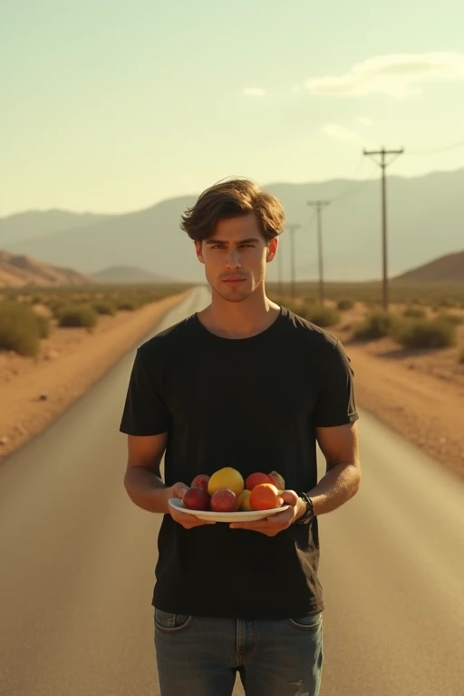 ((Create a realistic portrait image with a warm cinematic perspective of a young man wearing a black shirt and jeans, standing in the middle of a semi-desert road, holding a plate of fruit in his hand, and looking forward.  