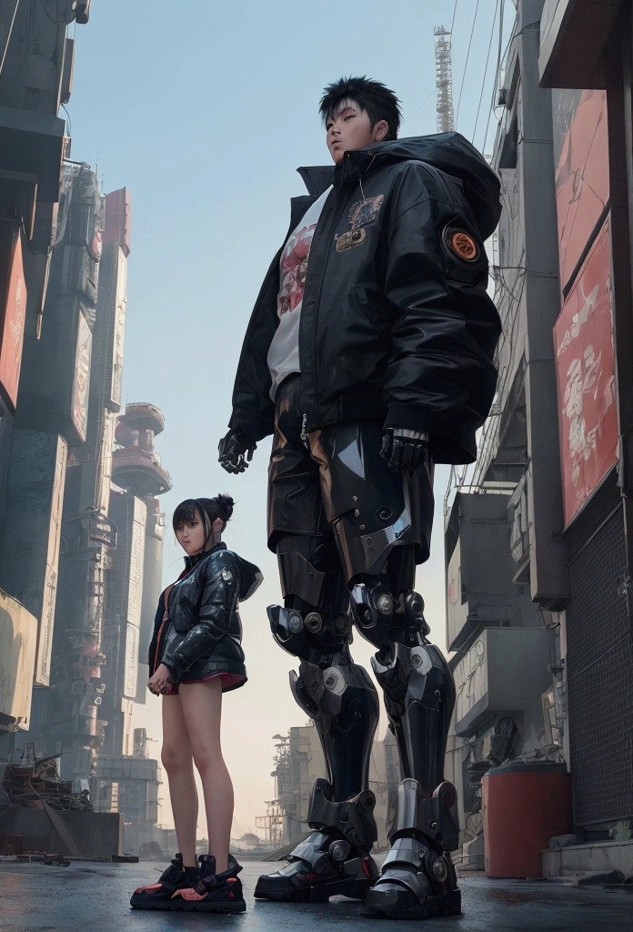 Anime character in shorts and jacket standing next to giant robot, artwork in the style of Gwaiz, Cyberpunk Anime Girl Mecha, Trending on cgstation, Gwaiz, By Russell Dongjun Lu, Digital Cyberpunk Anime Art, Lostrun 8k, Gwaiz on artstation pixiv, Girl wearing mecha cyber armor