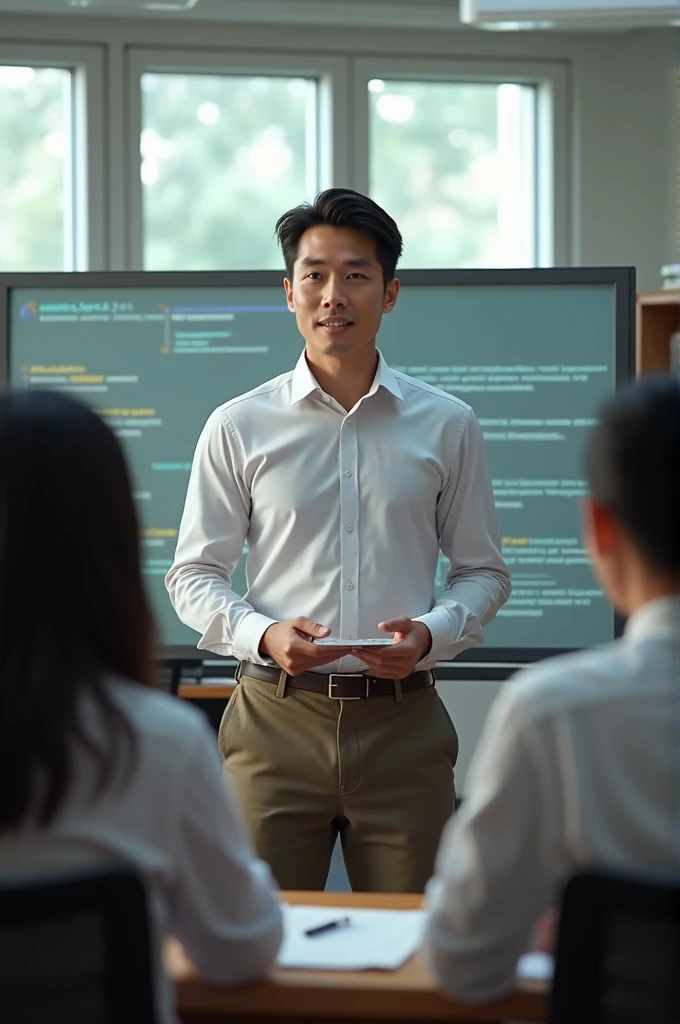 Create a picture of me in the future, a male tutor with black hair, 30 years old, teaching.