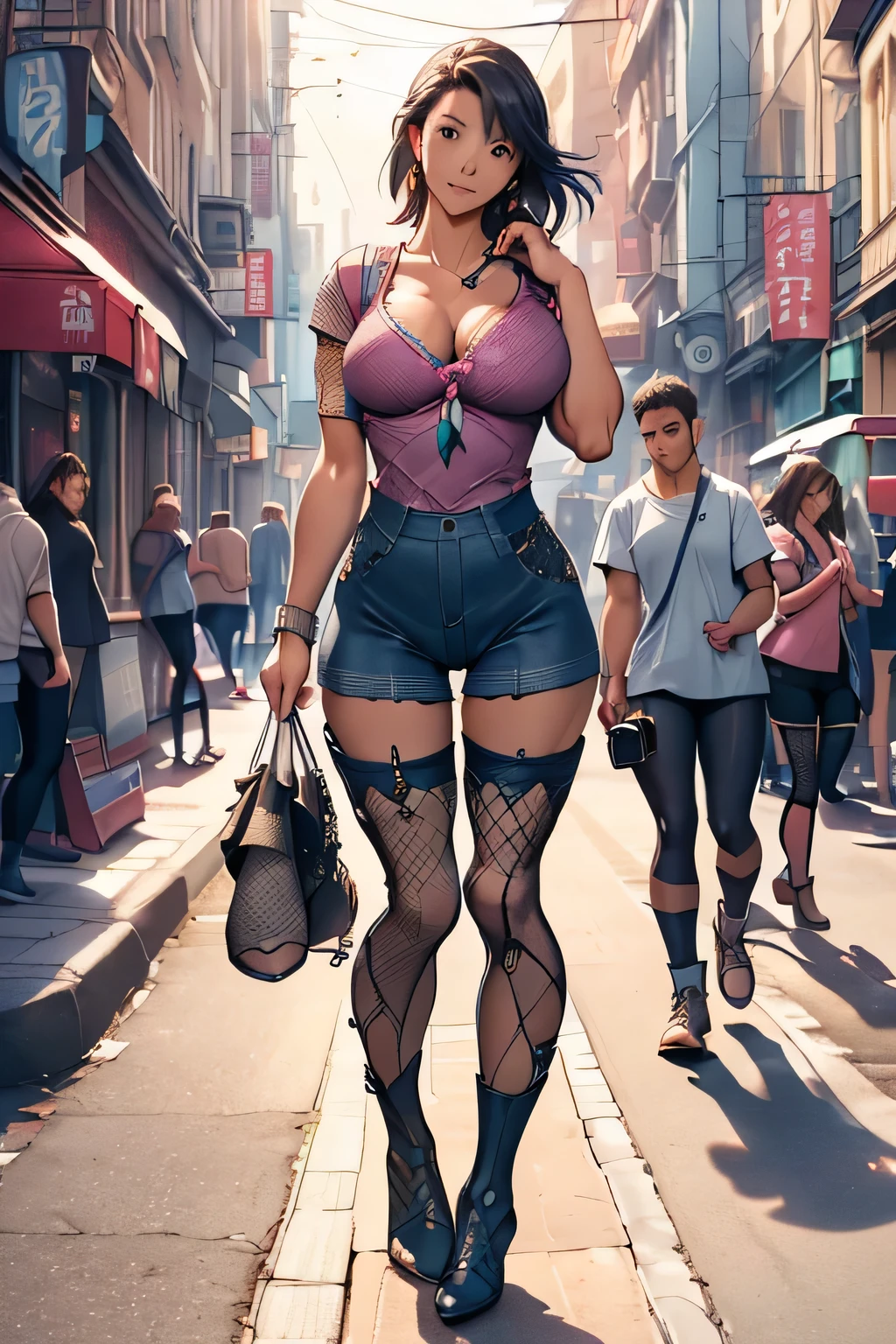 (((32k image quality))), (((RAW Photos))), (Highest quality, detailed:1.2), Photorealistic, (Very delicate and detailed), (((((Ultra-high resolution))))), (((((One Woman))))), (((Cleavage))), (((Big Breasts))), (((Show off your cleavage))), (((Close up of the chest))), (((colorful t-shirt)), BREAK, (((bootcut pants)), (((Beautiful female legs))), (((Fishnet tights))), (((short boots))), Street Snap, ((Photographing shoes from chest)),