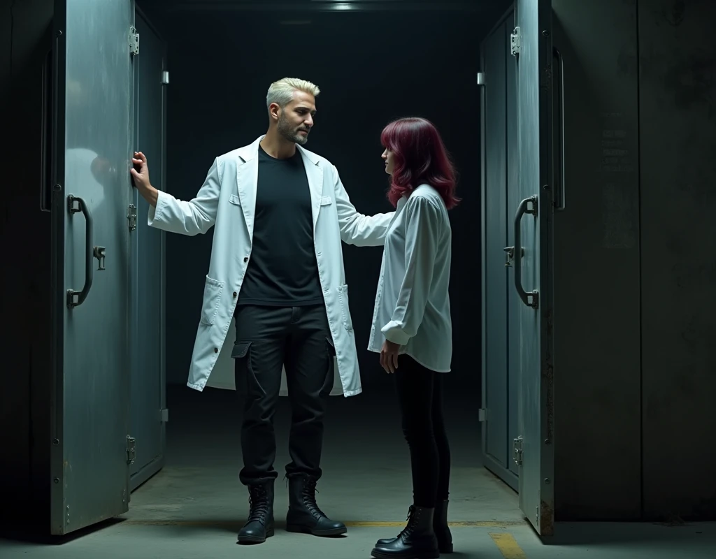 216 cm tall, 33-year-old man with short platinum blond wavy swept-back hair, dark skin, Arabic-Egyptian features, wearing a white lab coat over a black t-shirt, black cargo pants and black boots, looking down with a gentle expression and holding open a steel door of a double doorway of a compound for a very much shorter 24-year-old woman, with vibrant maroon side-parted medium-length wavy hair, very pale skin, wearing a white flowy work blouse, low-rise black pants and black boots, standing outside in a parking lot forest the facility near the doorway. Hip-shot, dark lighting, nighttime, photorealistic, cinematic.
