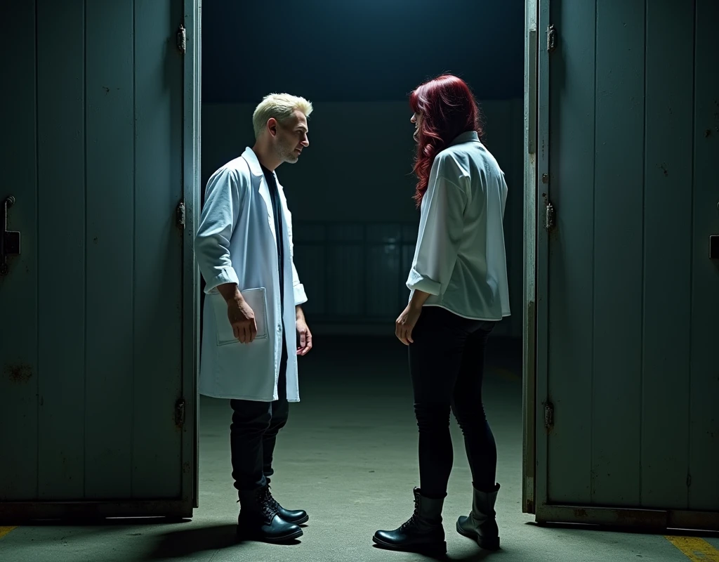 216 cm tall, 33-year-old man with short platinum blond wavy swept-back hair, dark skin, Arabic-Egyptian features, wearing a white lab coat over a black t-shirt, black cargo pants and black boots, looking down with a gentle expression and holding open a steel door of a double doorway of a compound for a very much shorter 24-year-old woman, with vibrant maroon side-parted medium-length wavy hair, very pale skin, wearing a white flowy work blouse, low-rise black pants and black boots, standing outside in a parking lot forest the facility near the doorway. Hip-shot, dark lighting, nighttime, photorealistic, cinematic.