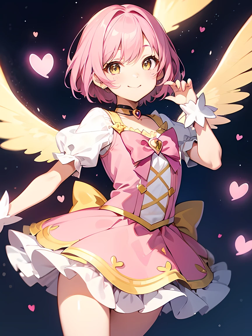 Pink Hair、short hair、Yellow Eyes、Magical Girl Clothes:1.2、Pink Skirt、Cute smile、Mouth closed、Anime Style:1.1、Small heart mark、A background like a vast sky