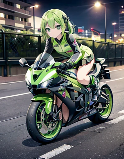 High resolution、high resolution、in 8K、Real Live Action、RAW Photos、Highest quality、masterpiece、Tabletop、(Soft Saturation:1)、(Depth of written boundary:1.2)、(Ray Tracing:1.2)、landscape、night、Optics、The background is a sci-fi night scene.、Strong winds、A big lime green car racing through the night city,bike、A young woman in a dress sitting on a large lime green bike, Beautiful Face、(Jacket:1.2)、(lime green short skirt:1.3)、White knee-high socks、boots、Perfect hands、Perfect legs、Perfect legs首、Perfect toes、Perfect toes、Completely whole:1.3、((Grab your controller:1.2))、kawasaki ninjaRiding the ZX-10R,kawasaki ninja Riding the ZX-10R, SF-style bike, SF-style bike, kawasaki ninja ZX-10R bike rider, kawasaki kawasaki ninja How to ride the ZX-10R, Female Biker Photos, bike,Motorcycle Engine Displacement: kawasaki ninja Details of ZX-10R、agile, High-speed shooting, Motion Blur、