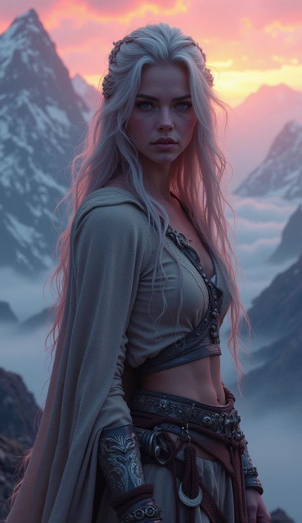 fantasy art, panormaic shot, full body shot, Mysterious Fog, a mysterious land with colorful mountains, Mysterious Fog in valleys, beautiful and mysterious panoramic view, fantasy landscape, 1girl, barbarian warrior, detailed face, long hair, beautiful detailed eyes, beautiful detailed lips, extremely detailed eyes and face, longeyelashes, delicate features, striking pose,  mysterious fog surrounding the girl, cinematic lighting, dramatic colors, vibrant palette, dramatic lighting, ethereal atmosphere, dreamlike, surreal, mystical, atmospheric, (best quality,4k,8k,highres,masterpiece:1.2),ultra-detailed,(realistic,photorealistic,photo-realistic:1.37),HDR,UHD,studio lighting,ultra-fine painting,sharp focus,physically-based rendering,extreme detail description,professional,vivid colors,bokeh, panormaic shot, full body shot