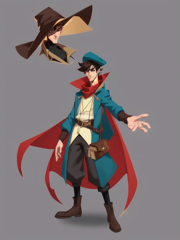concept art, European and American comics, game character design, RPG Fantasy Game Characters, 1boy, solo, Asian male in his 20s, Male-centric, brown bowl cut hair, Straight hair that falls straight down to the eyes, as if the head was cut with a hat on, slim body type, Wearing a red cloak tied around his neck, Blue long sleeve jacket, Vertical dark striped sprite pattern, Wearing a protector with a brown leather pocket on the waist, Brown gloves, Aiming pose with a bow, Hair styled in a neat, straight-cut bangs, Upper body focused illustration, Clear facial expressions, Zoom in so the face is very visible,