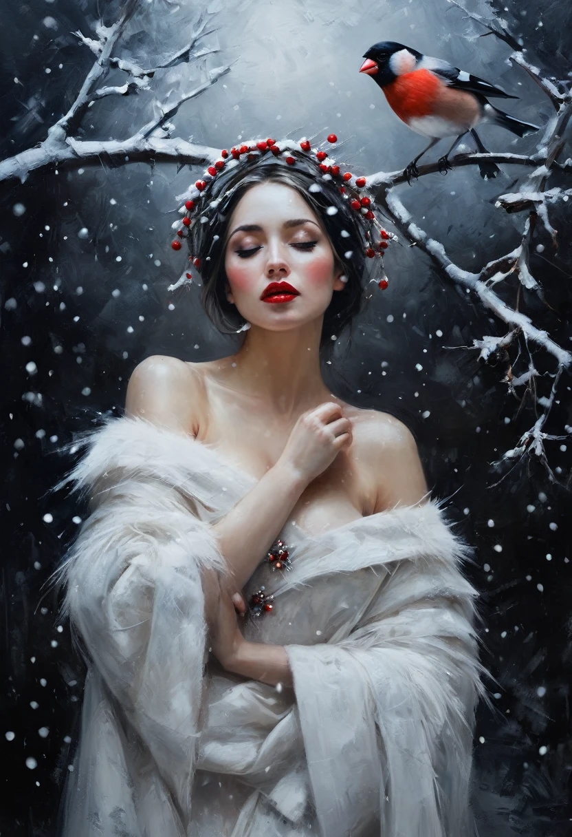 painting of a bullfinch sits on a branch, winter, snowfall, a woman with white skin and red lips in a Slavic white costume and kokoshnik leaned over him, dynamic poses, dark atmosphere, cinematic scene, volumetric lights, ultra realistic, in the style of nicola samori