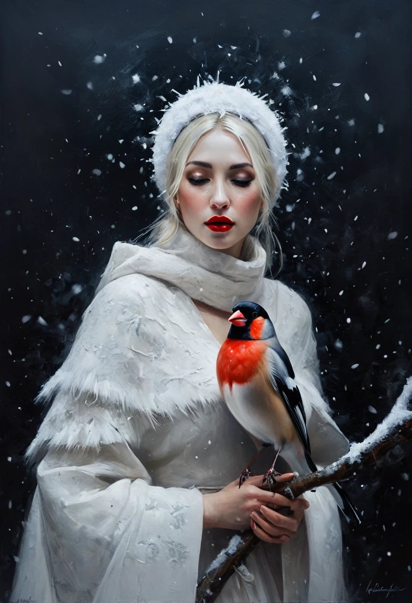painting of a bullfinch sits on a branch, winter, snowfall, a woman with white skin and red lips in a Slavic white costume and kokoshnik leaned over him, dynamic poses, dark atmosphere, cinematic scene, volumetric lights, ultra realistic, in the style of nicola samori