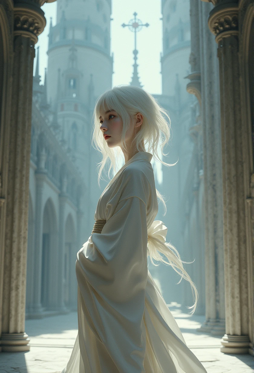 a extremely cute Japanese young woman with albino skin standing with a cathedral in the background