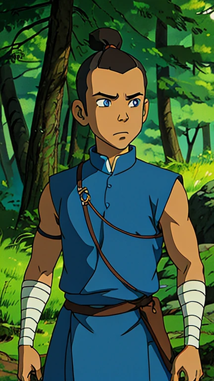 (1boy, sokka_avatar), (extremely detailed CG unit 8k wallpaper),(master part), (best quality), (ultra detail), (best illustration),(melhor ombre), cowboy shot, (Sharp eyeliner, ombre, detailed eyes:1), Woods, outdoor background,break , (ghibli style), upper body, heroic stance, brown hair, blue eyes, 