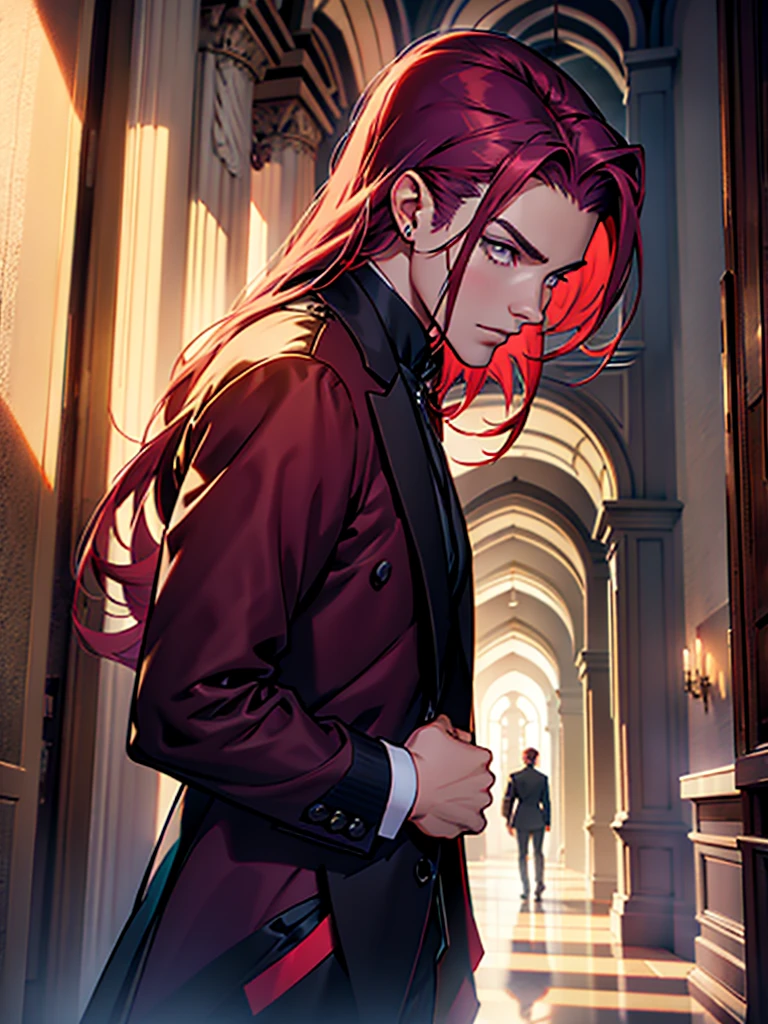 a man and a woman standing in a luxurious hall, the woman wearing an elegant ballgown dress with long purple hair styled beautifully flowing down her shoulders and waist, the man in a tuxedo with slicked back red hair, formal mafia party scene, the woman standing next to the man as he protects her, detailed face and eyes, photorealistic, cinematic lighting, dramatic atmosphere, vibrant colors, intricate details, high fashion, chiaroscuro lighting, moody, elegant, sophisticated, cinematic composition, award-winning photography, masterpiece, best quality, 8k, hyperrealistic, photorealism, physically-based rendering, extremely detailed, studio lighting. A girl stands next to a guy. He puts his arm around her waist, his face is gloomy. There are many people around. GIRL-WITH-PURPLE HAIR AND GUY-WITH-RED HAIR