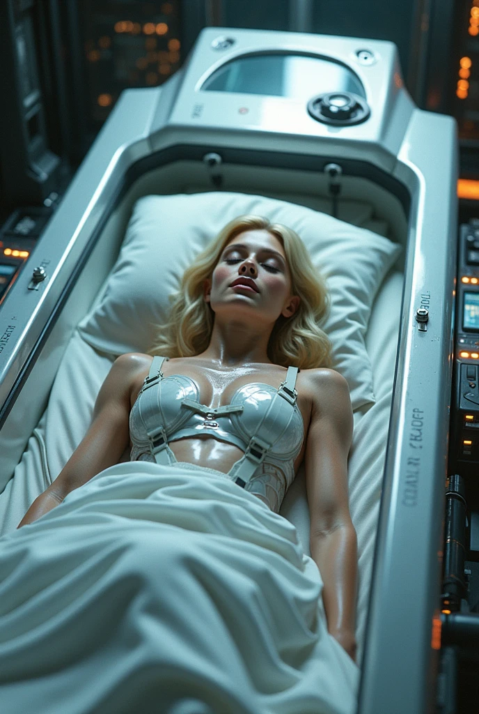 ((Beautiful realistic shoulder-length blonde woman with loose hair in a realistic futuristic space station)), ((Sleeping in a futuristic coffin-shaped cryopod.)), ((padded bed with screen and shiny control surfaces)), ((science fiction circle on the head)), weightless & floating, (photorealistic), (in white vinyl and dark blue), (((transparent body biosuit))), (with medical sensor harness and connected cables:1.0), (style-glass), (()), HdR, smoothed, 8k, ((Sid Mead)), sharp details, ((masterpiece)), (pictorial), (good anatomy), (good proportions), (Good composition), (dramatic painting), (Style-Sylvamagic)