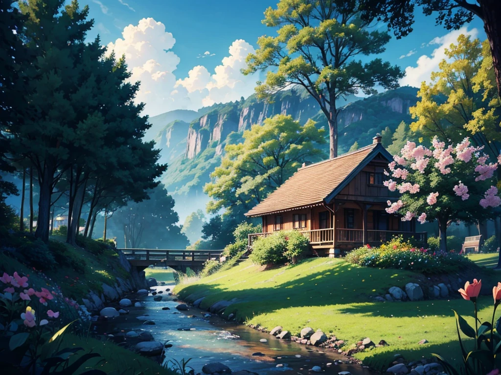 Draw a beautiful landscape of a tree and a flower, anime countryside landscape, ross tran. dark and cute colors