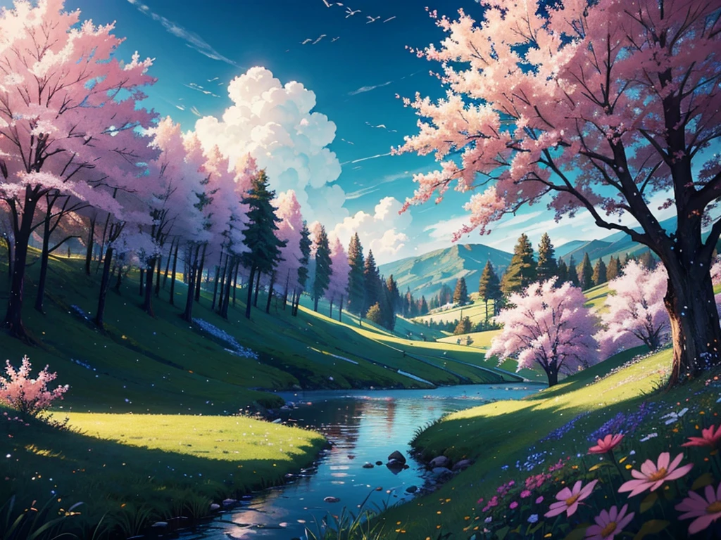 Draw a beautiful landscape of a tree and a flower, anime countryside landscape, ross tran. dark and cute colors