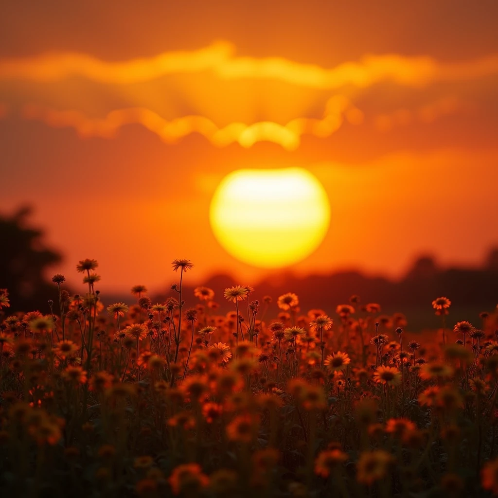 A huge beutyful sun set view with orange shade cloundy sky warming look.With floret in front view.mood of countryside.