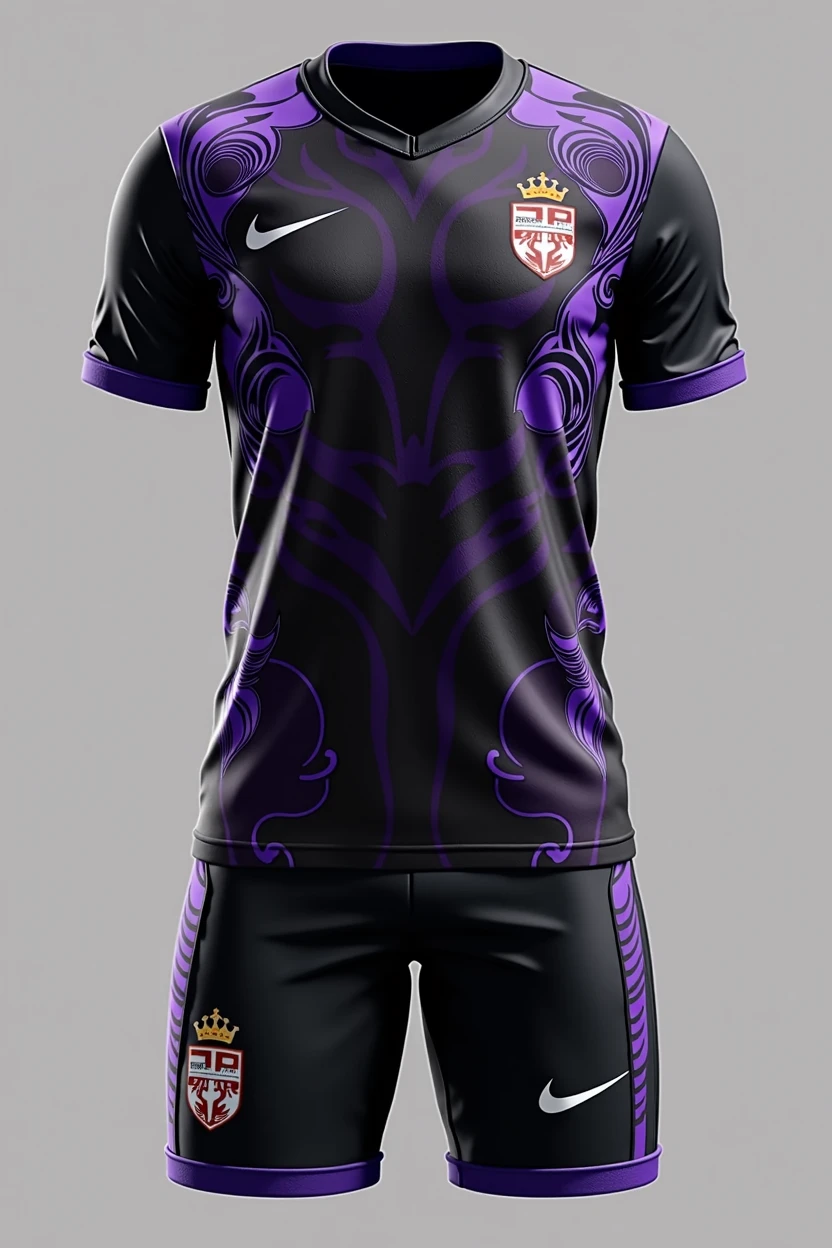 Create a kit of a team named "Sneaky Royal FC" as logo. It must have a base color of black and aesthetic purple designs.
