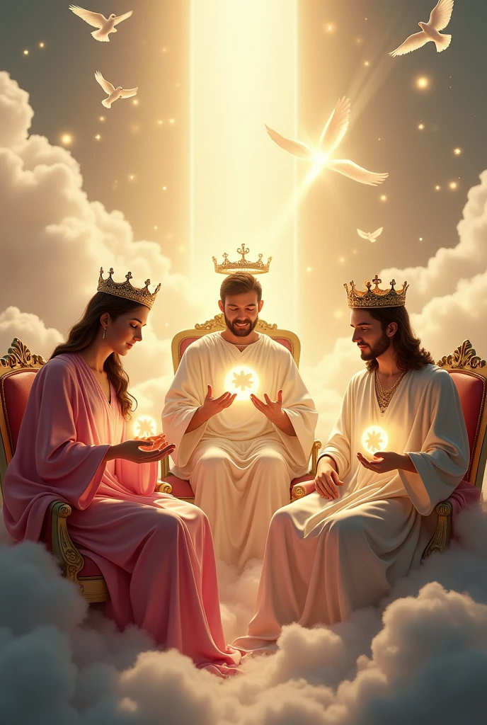 (photorealism:1.2), beautiful virgin Mary, handsome Jesus Christ and handsome 7 years old teen Jesus, sitting in the throne each of them in the kingdom of god that full of clouds, the light of their crowns and hearts spreading all over, wearing the pink color of a king, queen and prince, the crown of lights, real beautiful faces, real nice hair, real face, real image, heaven outdoors that full of clouds, brighter lighting, five fingers, clouds and many doves in the background, elegant clothes, stars and sunlight, beautiful heaven of paradise, relaxed pose, realistic, intricate details, bright and warm colors,