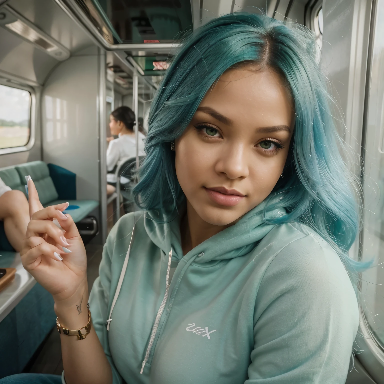 one woman, 26 years old, with blue hair, Mix out of 50% Rihanna and 50% Alicia Keys, 172cm height, 68kg weight, clear green eyes, long lashes, perfectly shaped eyebrows, slim and well-defined body, curvy body, elegant thin nose, small ears, full lips, white teeth, small soft ladylike hands, painted fingernails, (wearing a green sweatshirt), high resolution, masterpiece, best quality, intricate high detail, highly detailed, sharp focus, detailed skin, realistic skin texture, real skin texture, realistic texture, professional, real life, ultra-realistic, photorealism, photography, realistic photography, UHD, (selfie from above inside train, sitting on seat, bright day) 