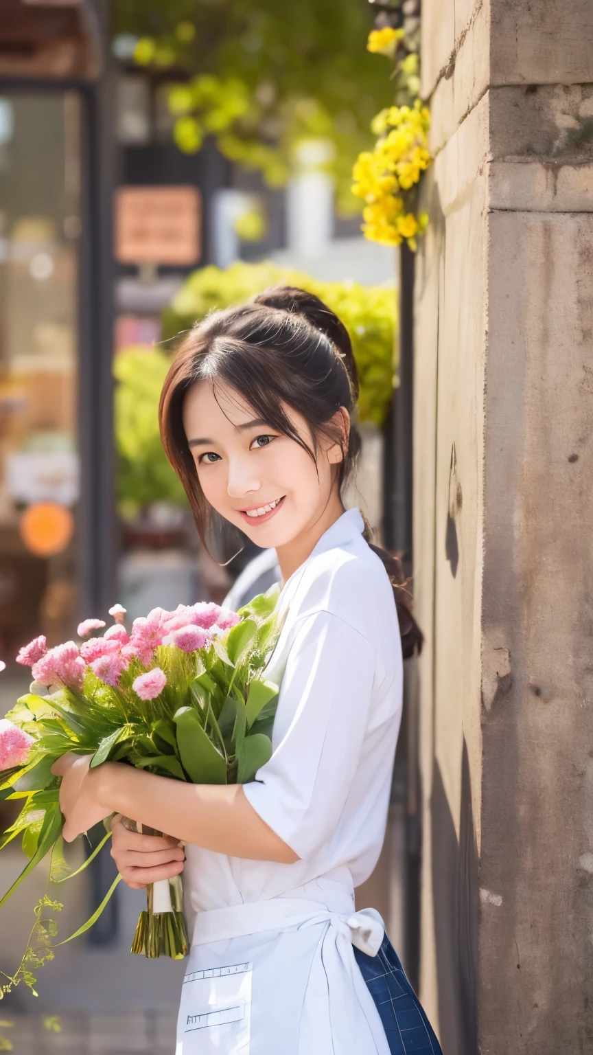 ((masterpiece,best quaLightingy 1.4)), (8k,RAW Photos:1.2), (Realistic,photo Realistic:1.4), Ultra-high resolution , (Highly detailed 8k wallpaper) ,Japanese Idols, Japanese actress, Japanese, very cute, Big eyes, Highly detailed eyes and face, Beautiful eyes in every detail,Glowing Skin,Portraiture,(ponytail :1.2),(smile:1.3) ,(Holding a bouquet:1.2),Lighting, Sharp focus, Written boundary depth , (Dynamic Angle:1.4 ). Blur the background, Bokeh, (apron:1.3) ,A small flower shop bathed in spring sunlight, Colorful flowers lined up. In front of the shop, Vibrant bouquets and hanging succulents on display... The background is cobblestones and old-fashioned streetscapes..