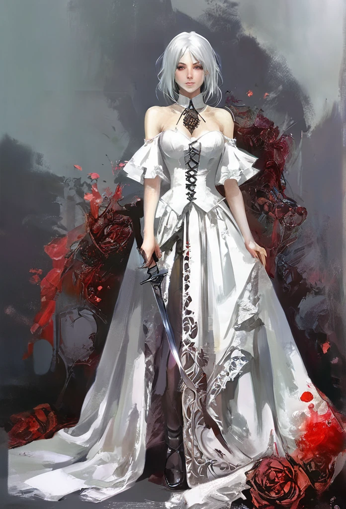 ((best quality)), ((masterpiece)), (detailed), 1girl, off-shoulder, Character design, female, dynamic poses, long white grey hair, grey white eyes, very skinny, detailed, best quality, no accesoires around the neck, no shoes, prominent collarbones, skinny arms, flat stomach, visible hip bones, full body, blank white background, plain background, white background, red and white clothing, Bloodborne inspired, occult aesthetic, occult, detailed and intricate steampunk and detailed gothic, NSFW, Very dramatic and cinematic lighting, cosmic horror, grim-dark, side-lighting, perfect face, NSFW, Fluttering lace flared long knee length dress with frilly petticoats, knee length dress, pleated petticoats, petticoats gothic, complex lace boots, side-lighting, gothic ta aesthetic, wielding a mighty sword with mechanical components, mandalas, small breasts, a fairy, various different types of insect wings, NSFW, full body, whole body, body, plain background, white background, blank background, no background, white background NSFW, chains, full body, whole body, head-to-toe NSFW