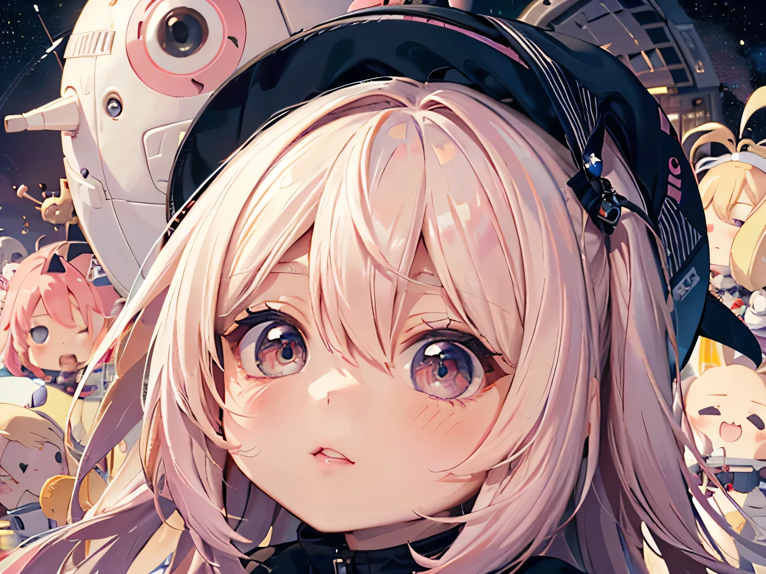 Momoko Sakura colorful style, Simple Line Initialism,Abstract art,Urban Background, (((The most beautiful girl of all time))), (((chibi))), Sweet face. Lips in love, colorful hearts, kawaii design, (((Dark Eyes))), (((Cute Aliens))), (((ranning))), Mars, The background is space