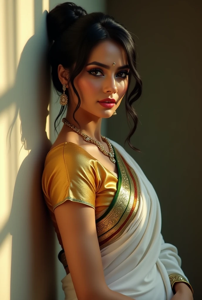 Sexy indian woman, black hair tied in a bun, smokey eyes, eyeliner, blushing intensely, fairest skin, plump face, soft lips, gold blouse, white saree with gold borders with green white and orange colour, pinned against a wall. Independence Day theme