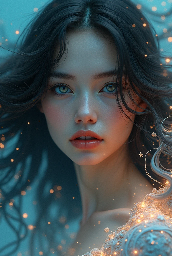 a beautiful detailed woman with long hair, beautiful detailed eyes, beautiful detailed lips, extremely detailed face and features, intricate swirling patterns and fractals flowing all around her, ethereal, glowing, magical, surreal, dreamlike, (best quality,4k,8k,highres,masterpiece:1.2),ultra-detailed,(realistic,photorealistic,photo-realistic:1.37),digital art, fantasy, cinematic lighting, dramatic colors, mesmerizing, hypnotic, infinite