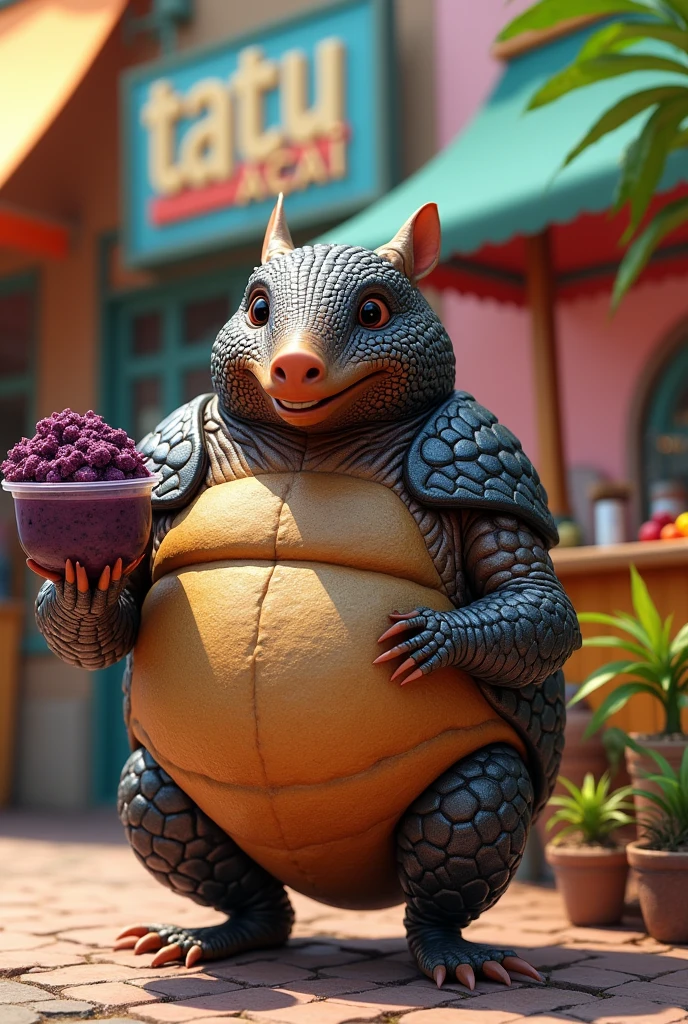 Create a ball-footed armadillo, with a cup of acai in his hand, and behind him a logo that says 'tattu acai' and an acai cart next to him 