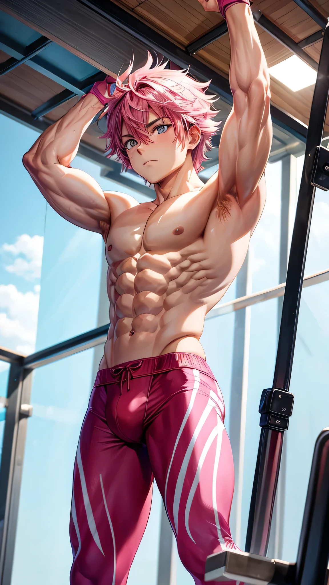 Anime guy gymnast Muscular With pink hair