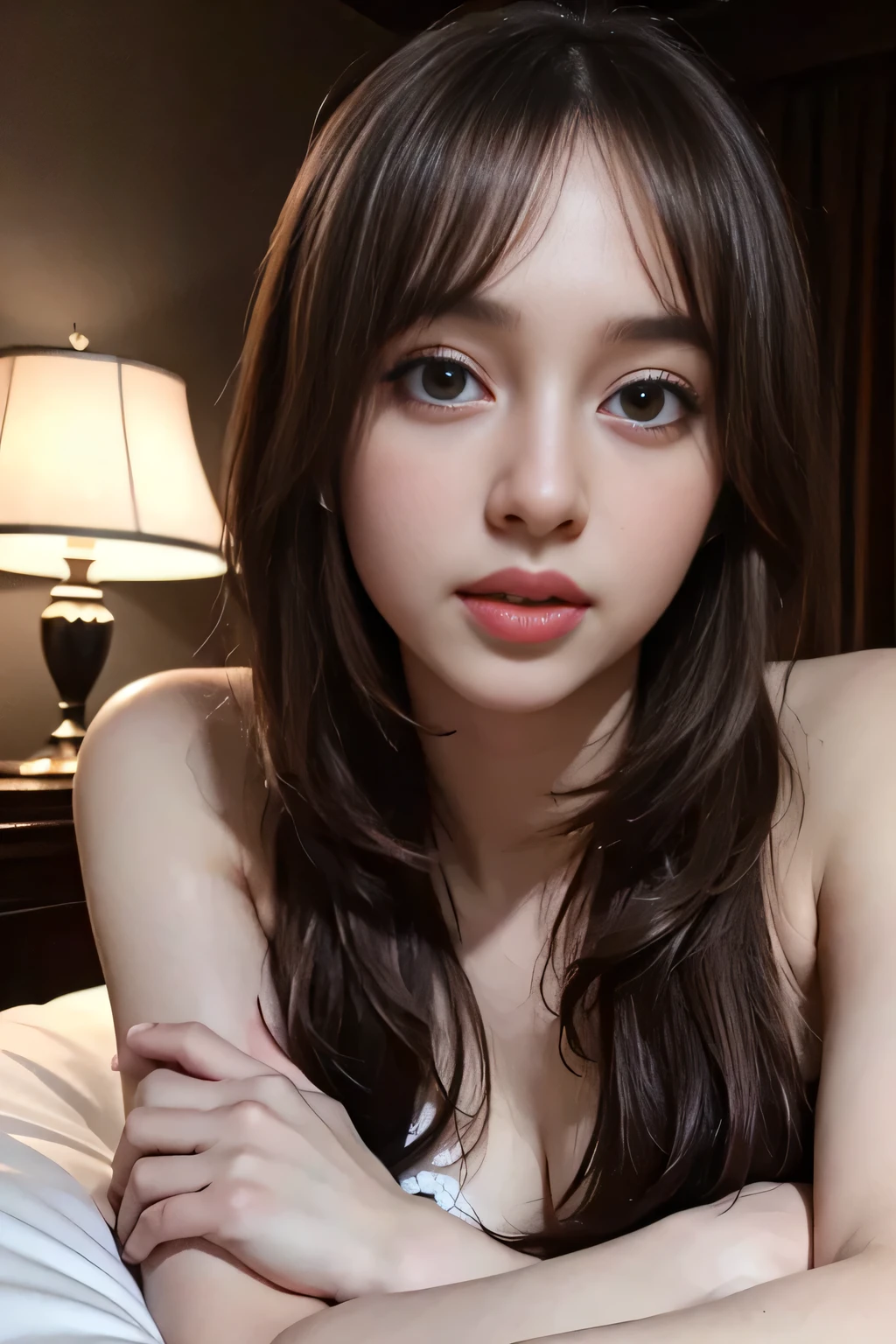 beautiful detailed eyes, beautiful detailed lips, extremely detailed eyes and face, long eyelashes, 1 woman, 1 man, romantic couple, 30 year old man, lying on bed, full body, bedroom interior, soft lighting, warm color tones, tender embrace, loving expression, chiaroscuro lighting, photorealistic, (best quality,4k,8k,highres,masterpiece:1.2),ultra-detailed,(realistic,photorealistic,photo-realistic:1.37),dramatic lighting,dramatic atmosphere,cinematic,dramatic color palette,cinematic composition