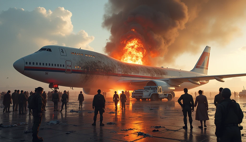 a large plane that exploded due to a bomb, at the airport. surrounded by many soldiers and civilians