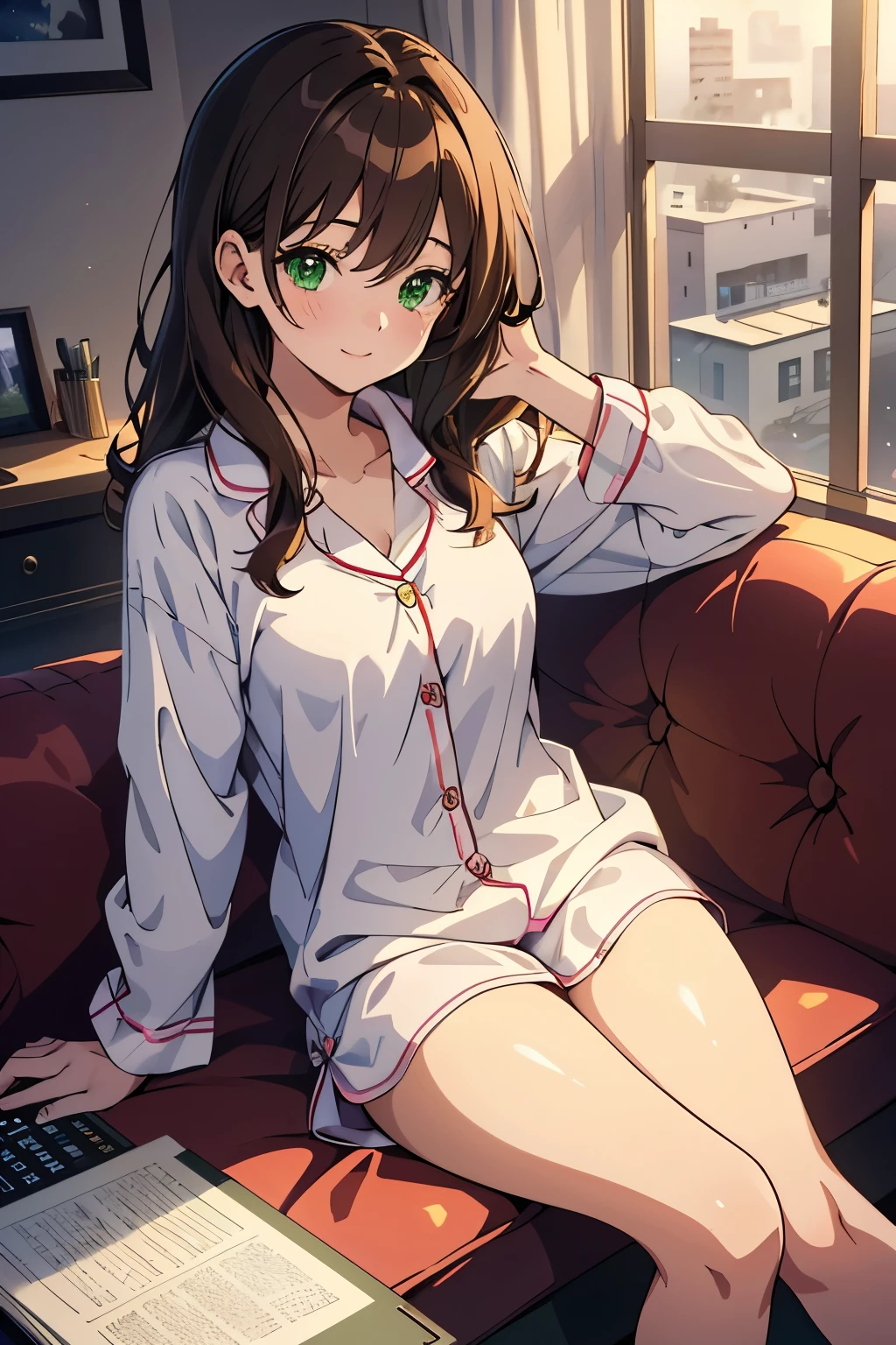 ((masterpiece, Highest quality, High resolution, 超High resolution, Pixel perfect, Written boundary depth, 4K, RTTX 10.0, High resolution))), 1 person, single, alone, Beautiful Anime, Beautiful art style, Anime characters, ((Shortcuts, bangs, Dark brown hair)), ((Green Eyes:1.4, Round eyes, Beautiful eyelashes, current eyes)), ((Smooth texture:0.75, Anime CG style)), ((Dynamic Angle, close)), Perfect body, (cute), Normal chest, whole body, ((4K, 8k, Highest quality, Perfect Fingers: 1.3, Perfect Anatomy: 1.3, Background Blur)), whole bodyアングル, An illustration of a girl staying up late at home on a summer night, The character is wearing light pajamas., sitting on a sofa in a relaxed position, His favorite manga and smartphone are scattered around him., She is smiling while concentrating on the screen., In the background, Outside the window, the starry summer night sky spreads out, The room is bathed in soft lighting.,