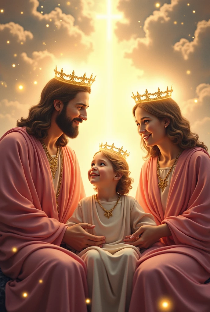 (photorealism:1.2), beautiful virgin Mary, handsome Jesus Christ and handsome 7 years old teen Jesus, sitting in the throne each of them in the kingdom of god that full of clouds, the light of their crowns and hearts spreading all over, wearing the pink color of a king, queen and prince, the crown of lights, real beautiful faces, real nice hair, real face, real image, heaven outdoors that full of clouds, brighter lighting, five fingers, clouds and many doves in the background, elegant clothes, stars and sunlight, beautiful heaven of paradise, relaxed pose, realistic, intricate details, bright and warm colors, 