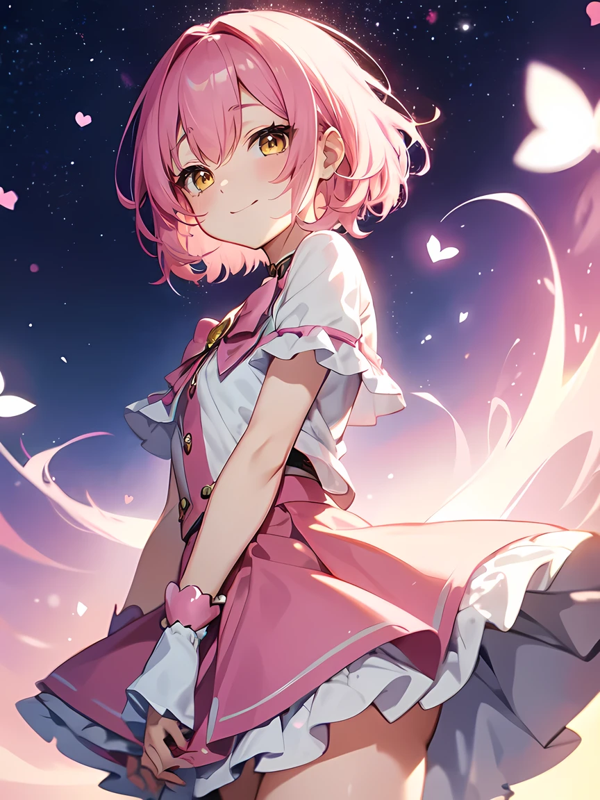 Pink Hair、short hair、Yellow Eyes、Magical Girl Clothes:1.2、Pink Skirt、Cute smile、Mouth closed、Anime Style:1.1、Small heart mark、A background like the night sky