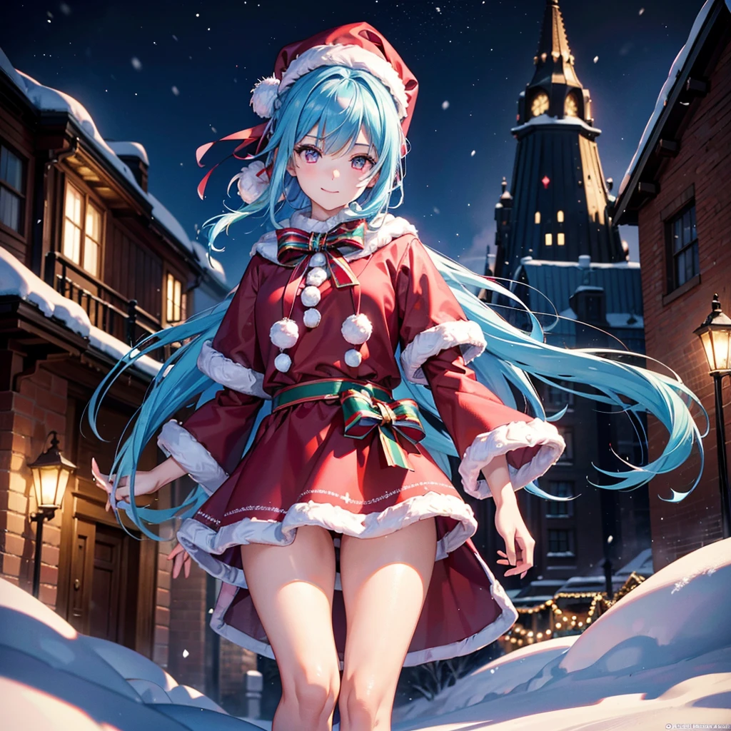 (Sky blue hair tied in a single strand),(Pink Eyes),Fair Skin,Full Body,Alone,smile,Santa Claus Clothes,Giant Christmas Tree in the Background,Snowy Night,Sparkling Night Sky,gift box,(Masterpiece, Top Quality, Very Detailed), Best Shadows,Detailed Background,Beautifully Detailed Face,High Contrast,Best Lighting, Very Delicate and Beautiful,Cinematic Light,Hyper Detail,8k,Dramatic Light,Exquisite Detail,Christmas colors,