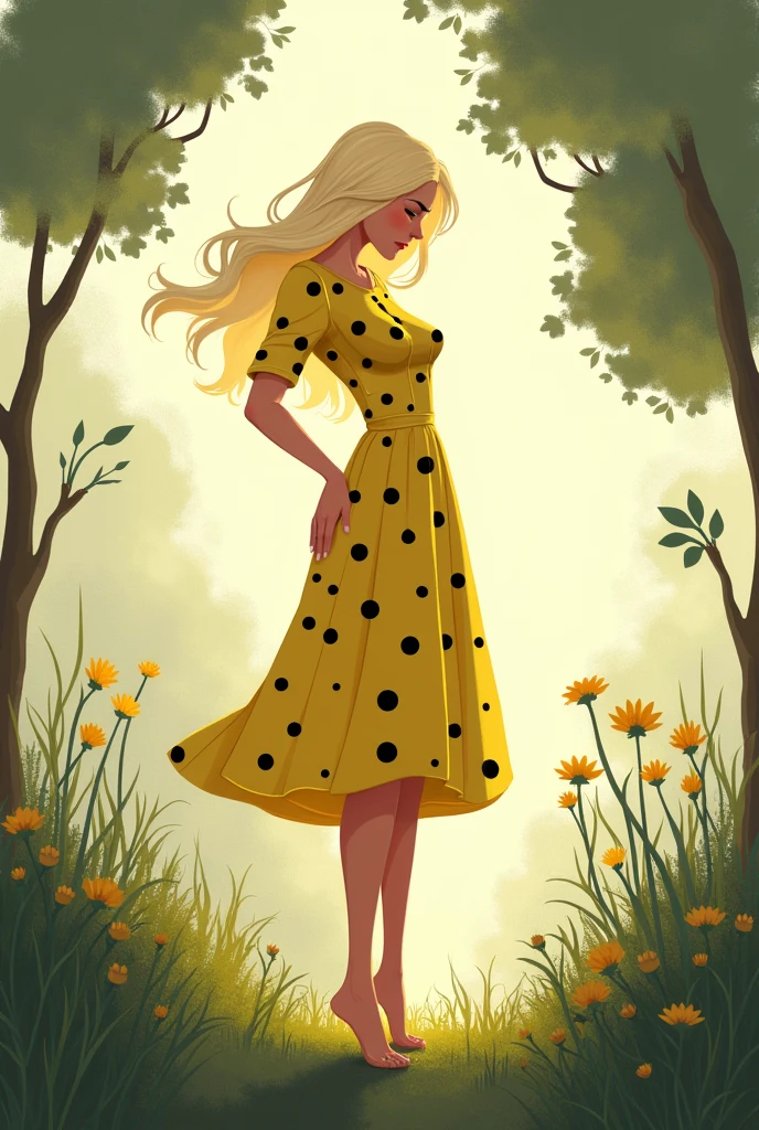 tall woman, blonde, having back problems, wearing a yellow dress with black dots
