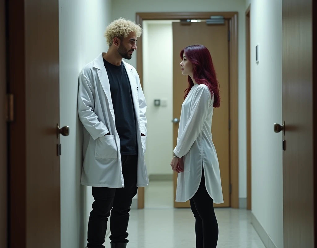 216 cm tall, 33-year-old man with short platinum blond wavy swept-back hair, dark skin, Arabic-Egyptian features, wearing a white lab coat over a black t-shirt, black cargo pants and black boots, looking down with a gentle expression gesturing to sit down to a very short 24-year-old woman, with vibrant maroon side-parted medium-length wavy hair, very pale skin, wearing a white flowy work blouse, low-rise black pants and black boots, standing in doorway to an office. Photorealistic, cinematic.